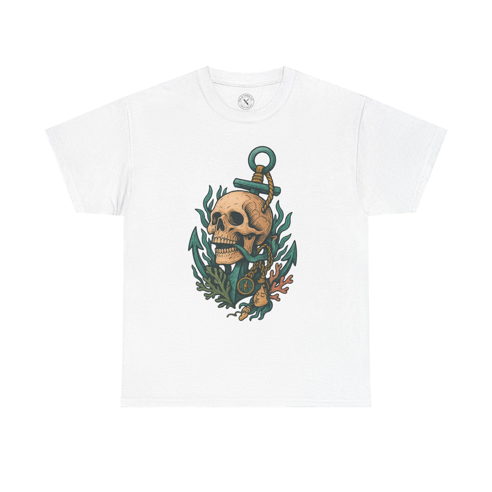 White t-shirt with a skull and anchor design on a white background