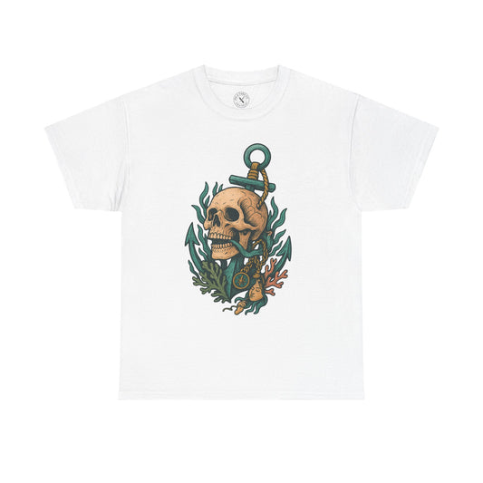 White t-shirt with a skull and anchor design on a white background