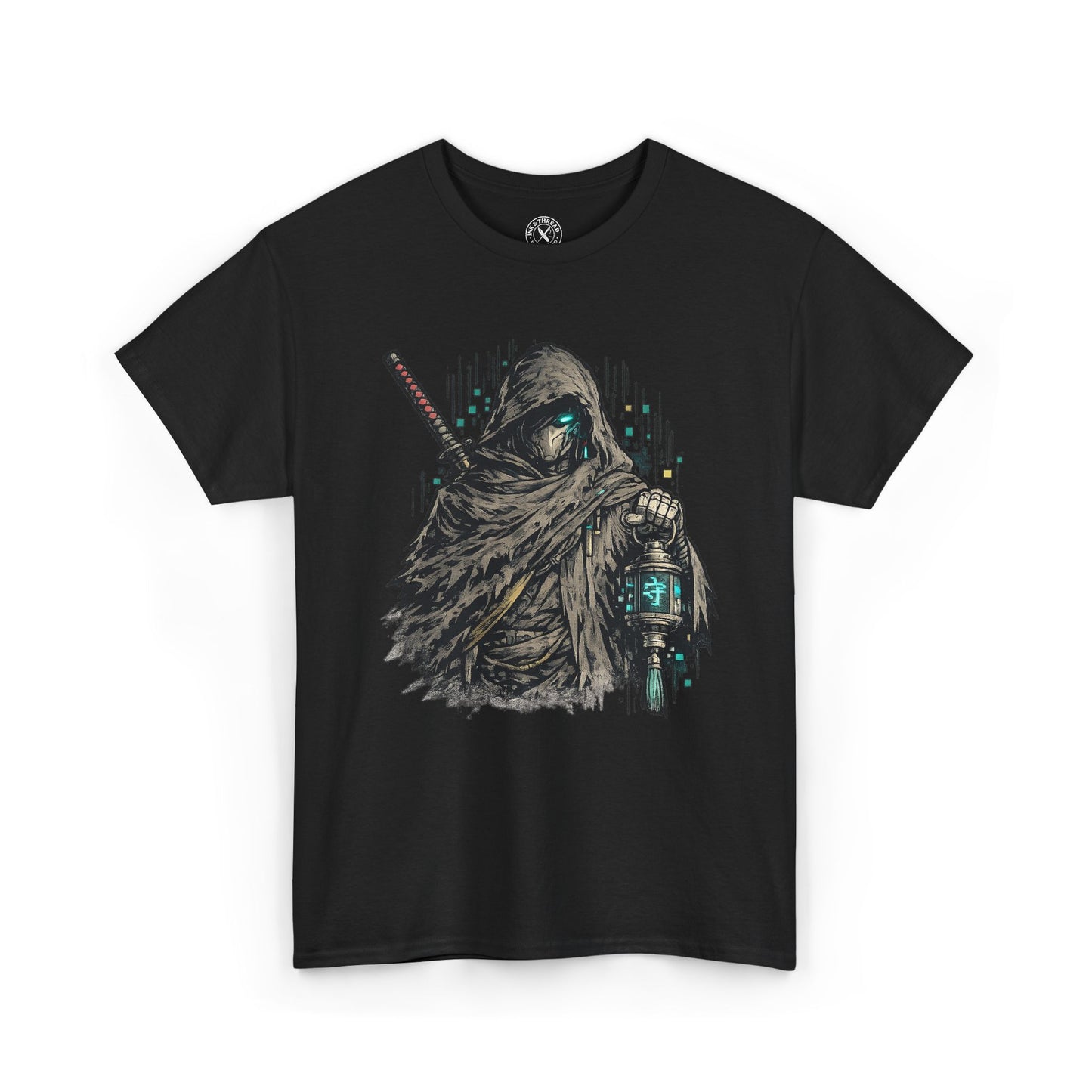 Black t-shirt with a graphic design of a hooded figure holding a lantern on a white background