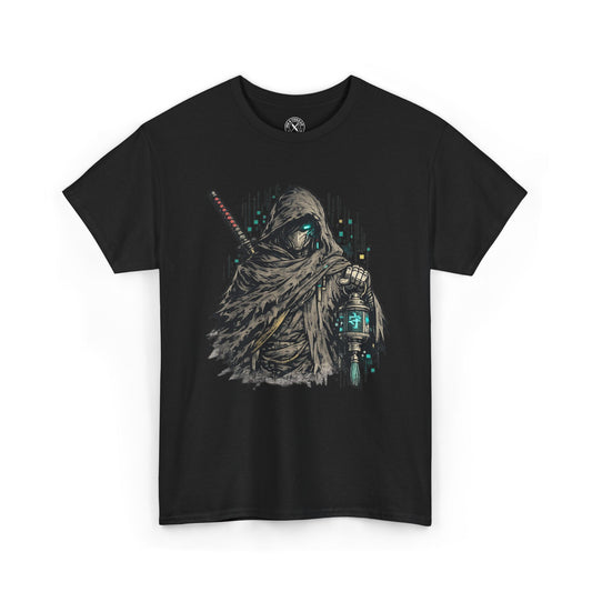 Black t-shirt with a graphic design of a hooded figure holding a lantern on a white background