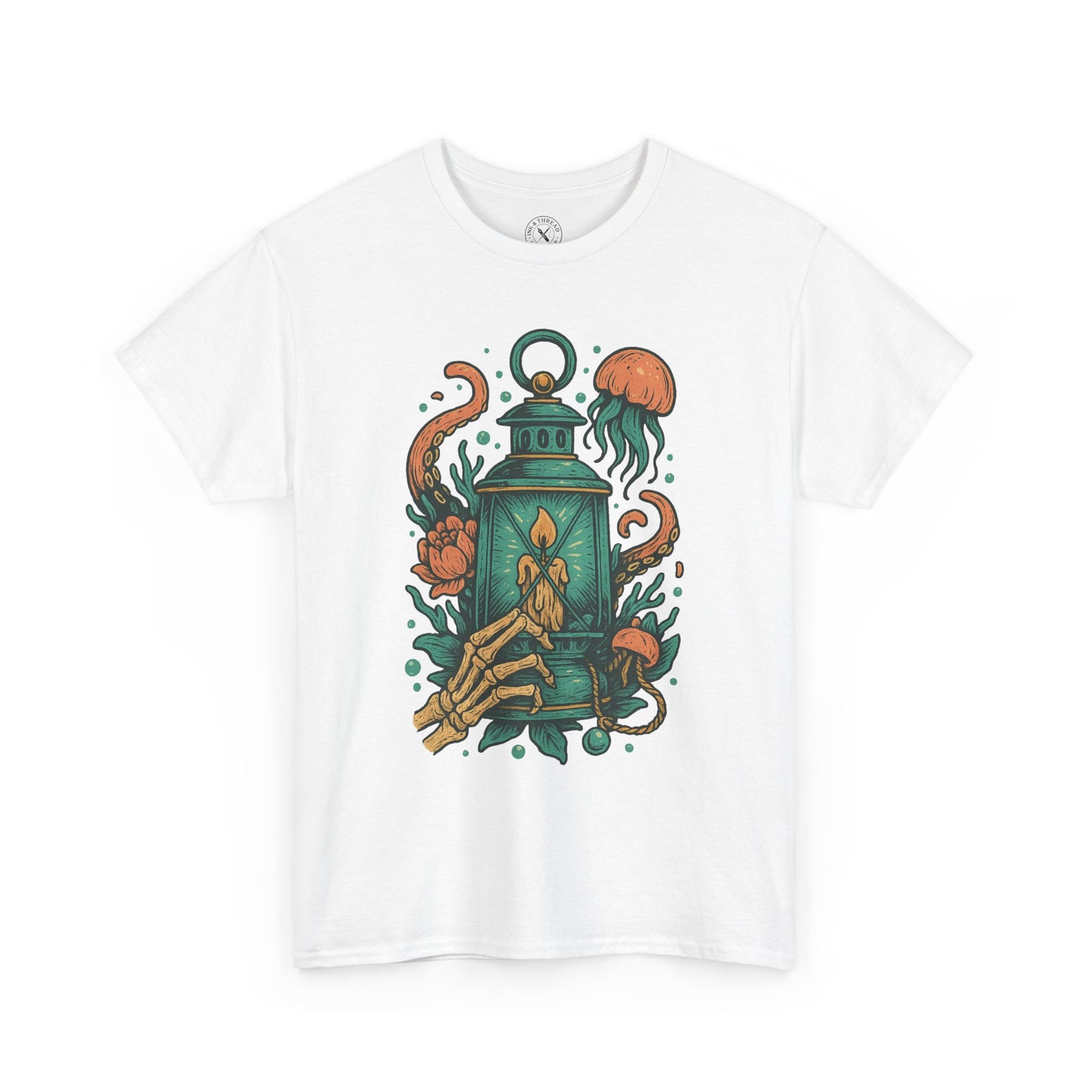 White t-shirt with a colorful lantern and floral design on a white background