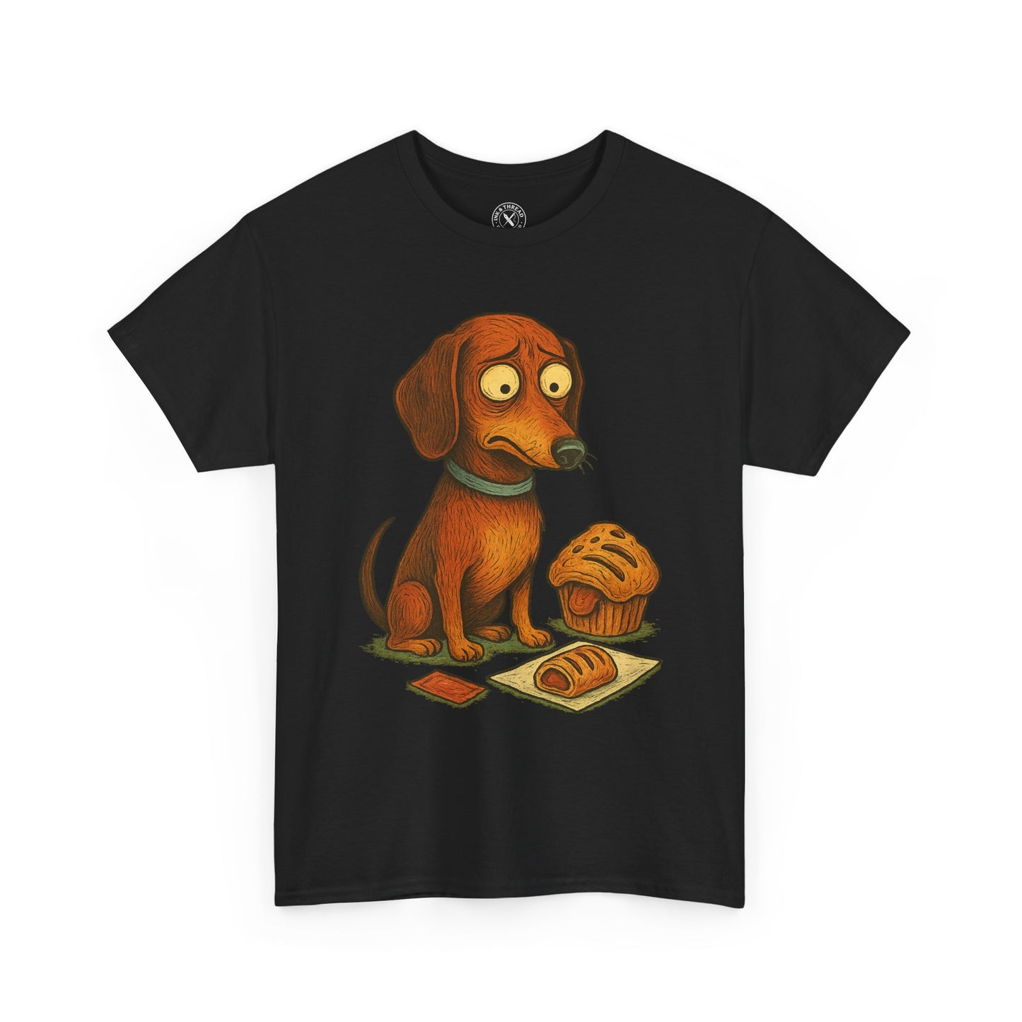 Black t-shirt with a cartoon dog and pastry design on a white background