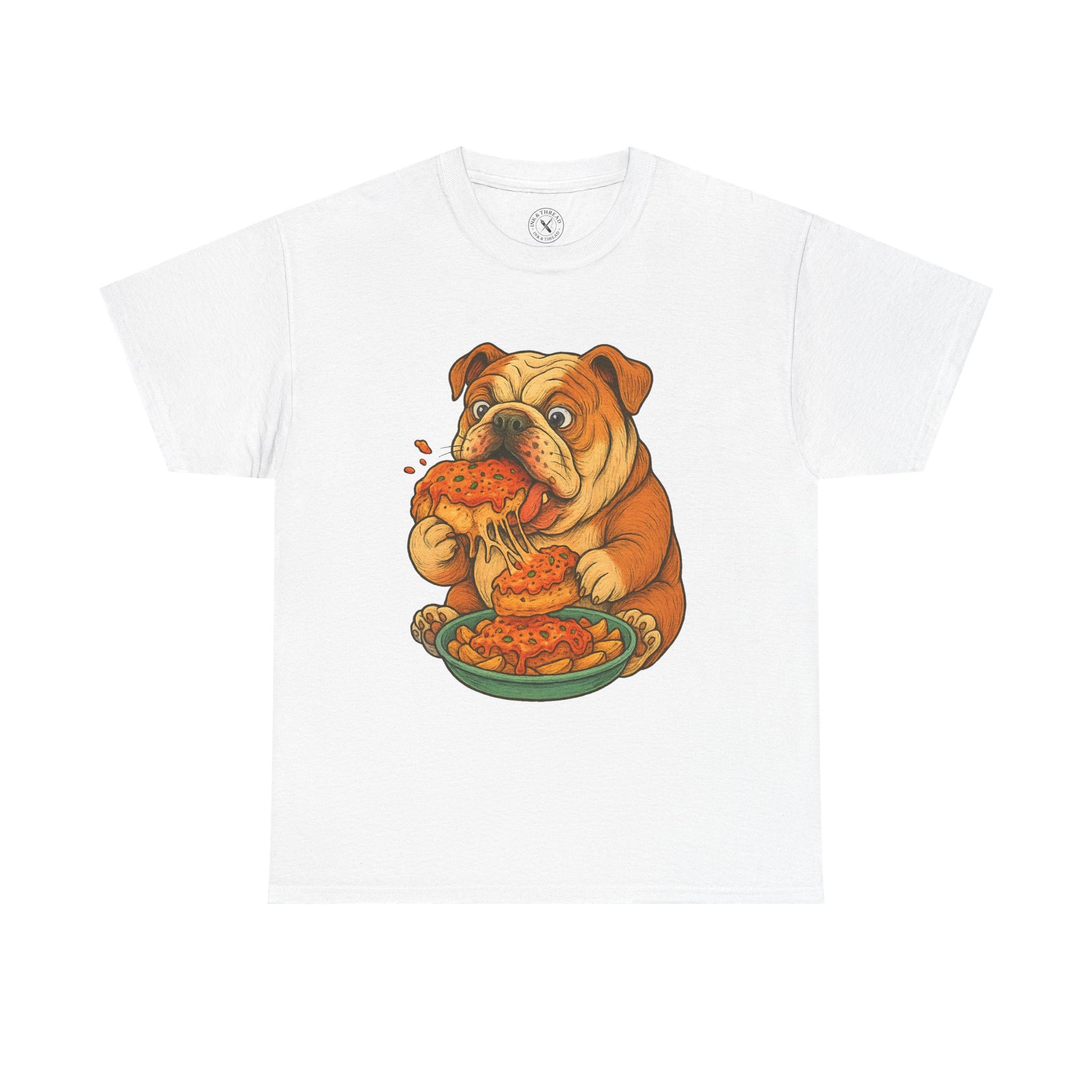 White t-shirt with a cartoon bulldog eating pizza design on a white background