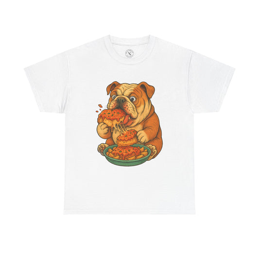 White t-shirt with a cartoon bulldog eating pizza design on a white background