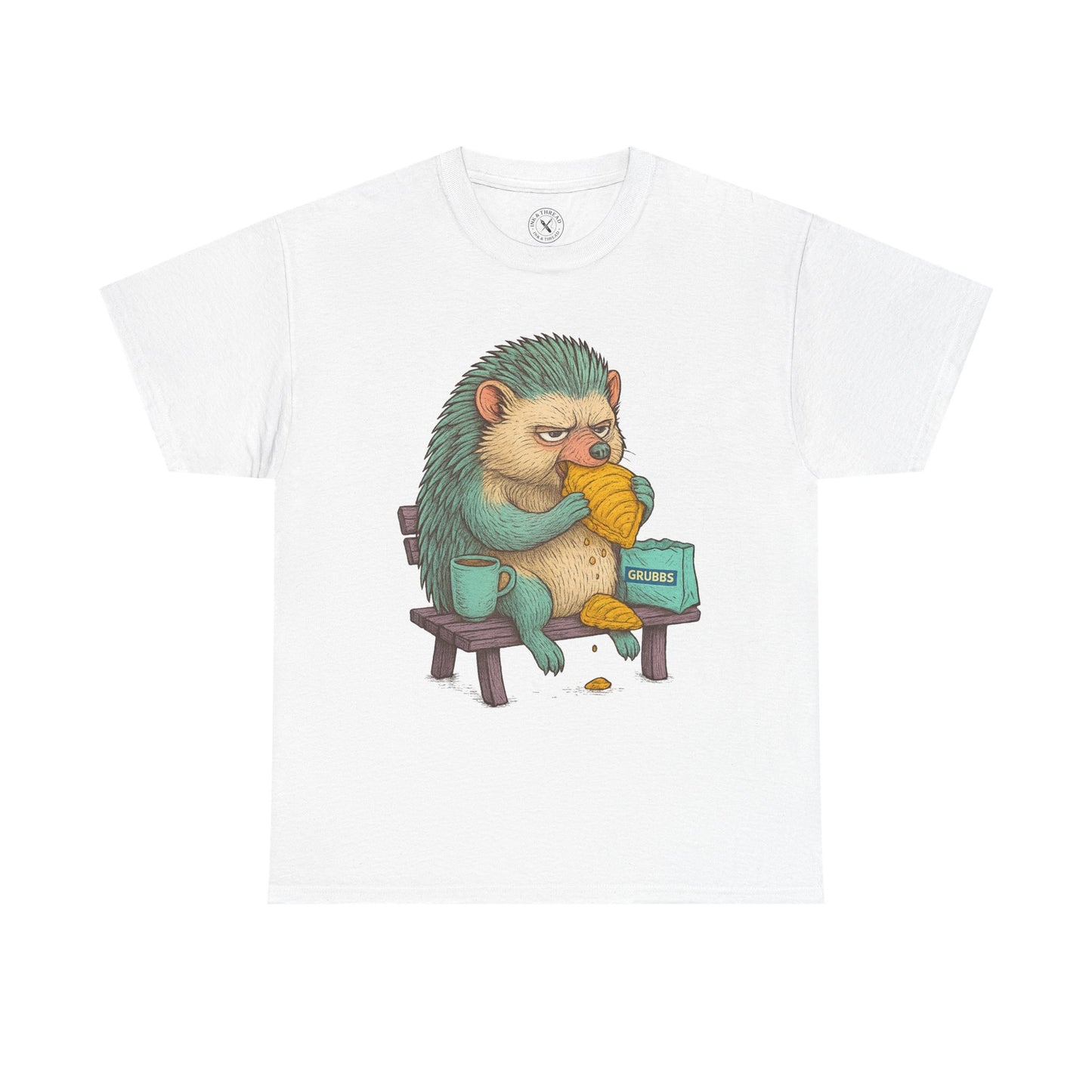 White t-shirt with a graphic of a hedgehog eating an orange on a white background