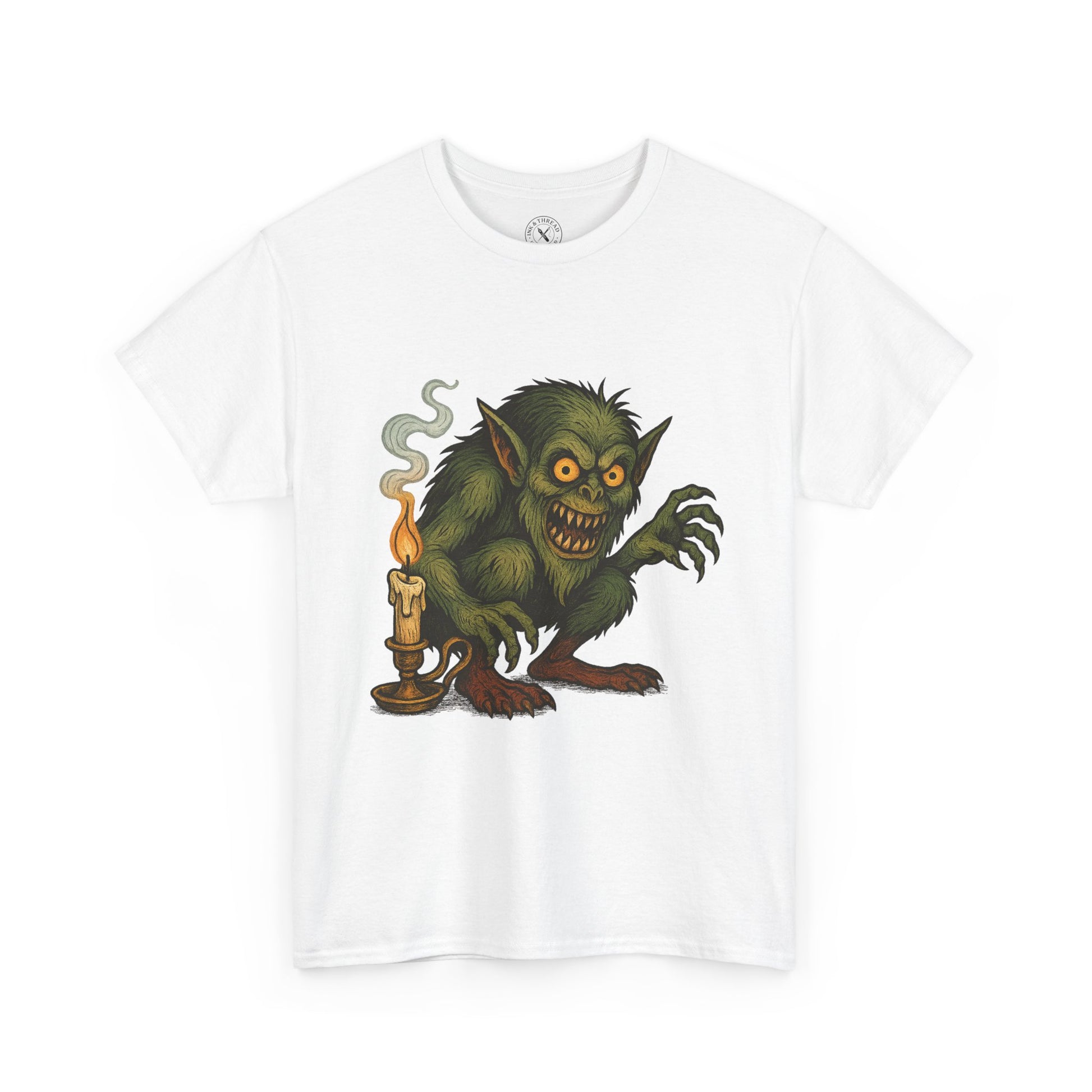 Nightlight Lurker festive horror tattoo artwork printed on white T-shirt
