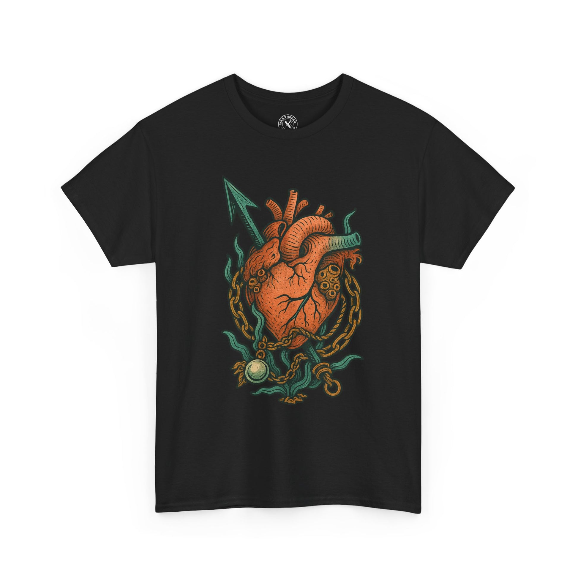 Black t-shirt with a detailed heart design on a white background