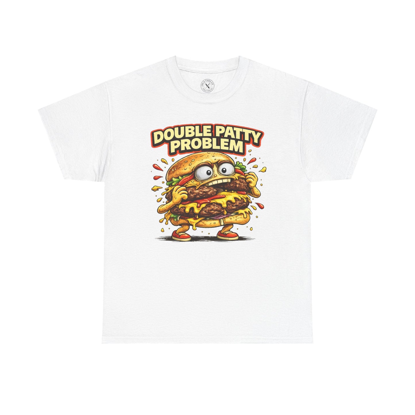 White t-shirt with a cartoon burger graphic and 'Double Patty Problem' text on a white background
