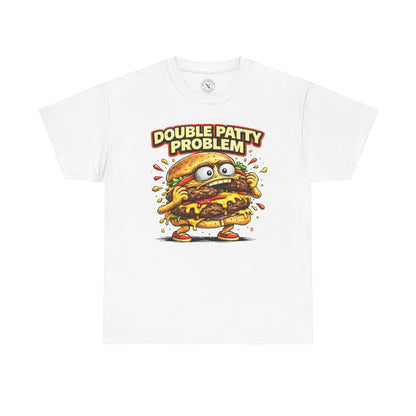 White t-shirt with a cartoon burger graphic and 'Double Patty Problem' text on a white background