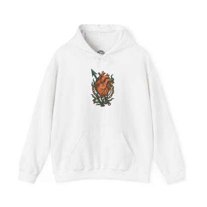 White hoodie with a heart design on a white background