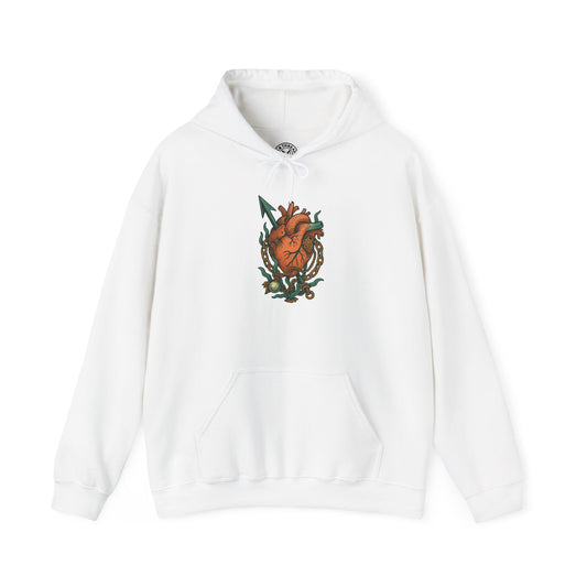 White hoodie with a heart design on a white background