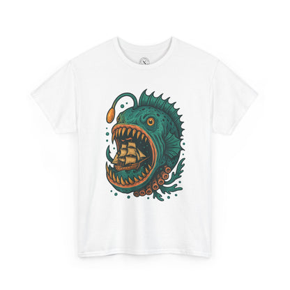 White t-shirt with a green and brown graphic design on a white background