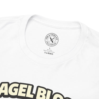 White t-shirt with 'Ink & Thread' logo and 'Bagel Blog' text on a white background