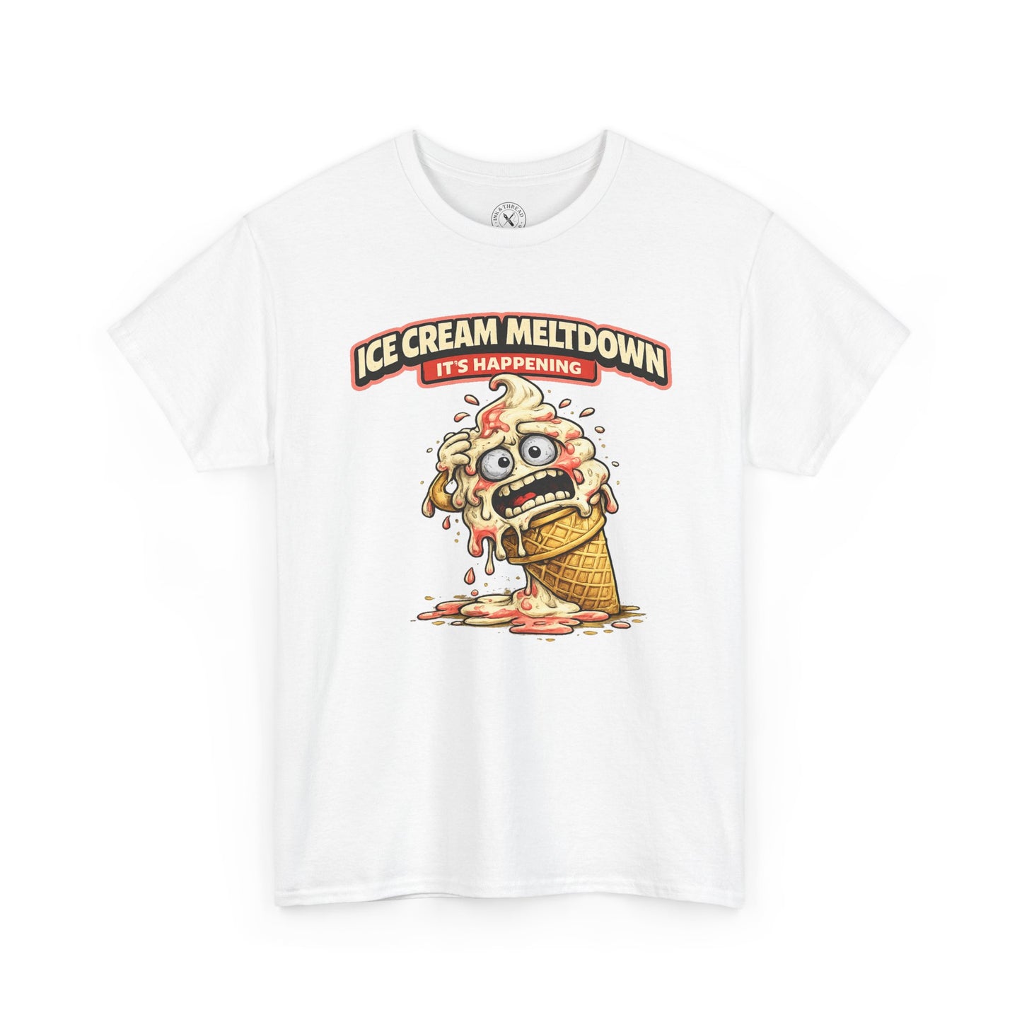 White t-shirt with a cartoon ice cream cone and text graphic on a white background