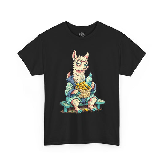 Black t-shirt with a colorful graphic of a llama in a robe holding a basket on a white background