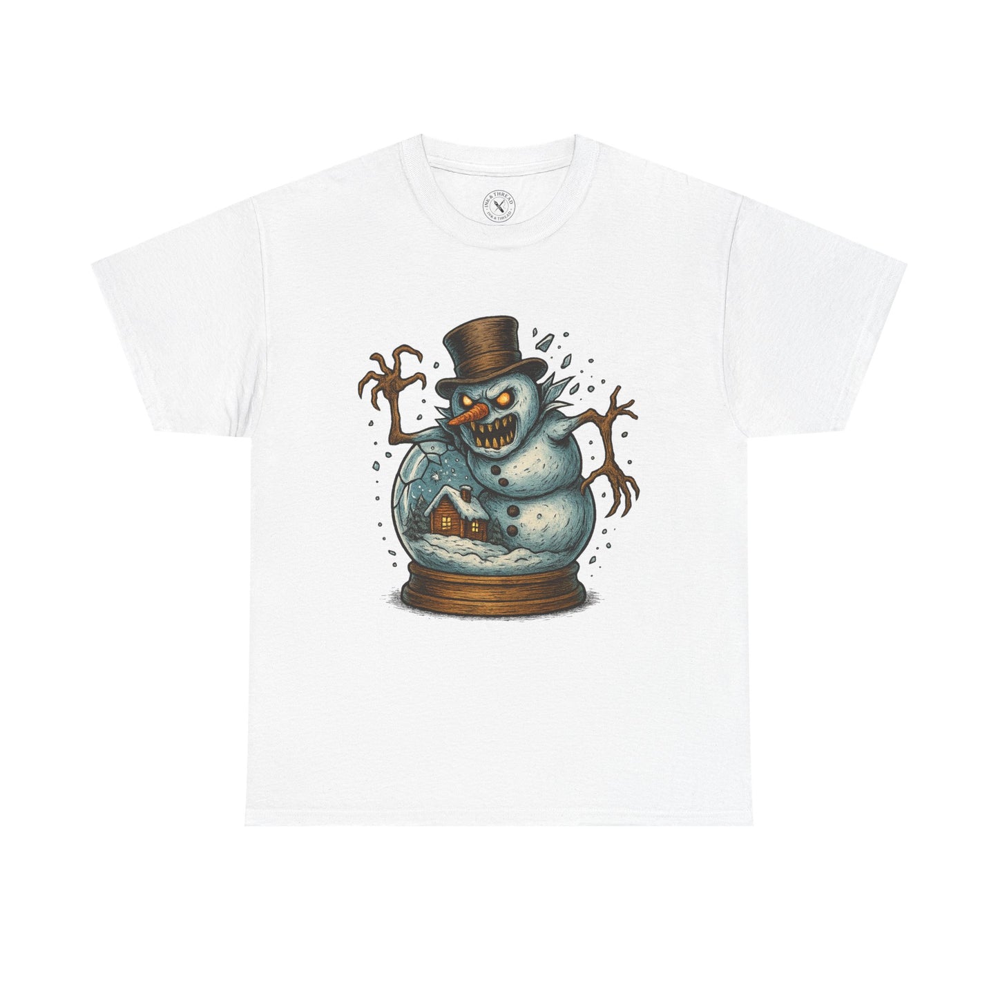 White t-shirt with a snowman design featuring a top hat and candy cane on a white background