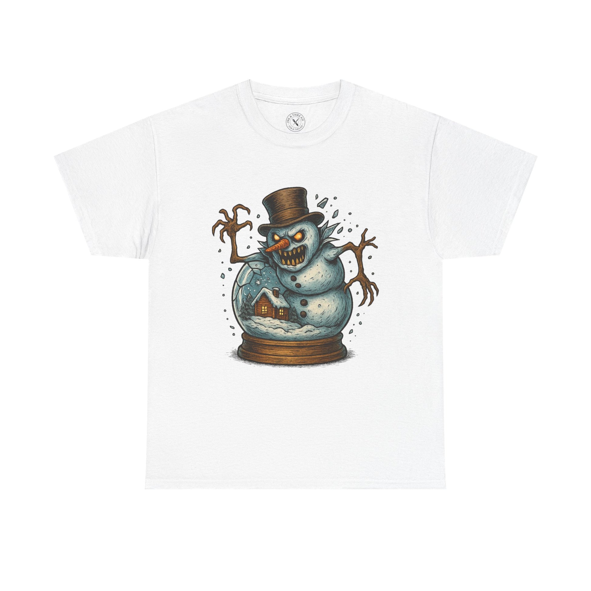 White t-shirt with a snowman design featuring a top hat and candy cane on a white background
