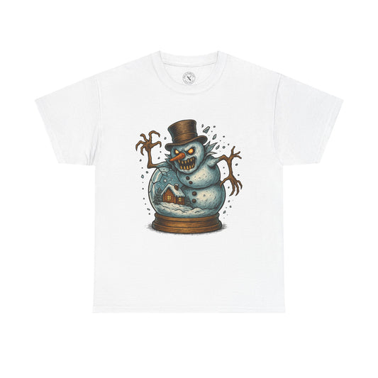 White t-shirt with a snowman design featuring a top hat and candy cane on a white background