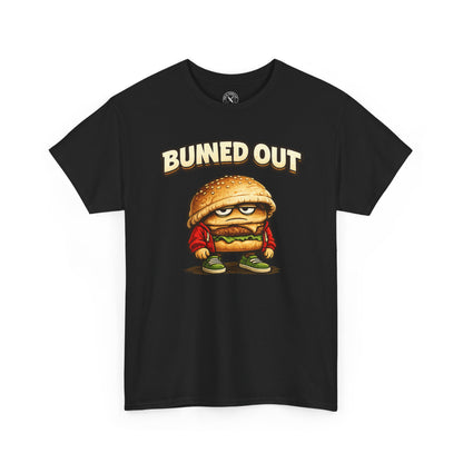 Black t-shirt with a cartoon hamburger character and 'BUNED OUT' text on a white background