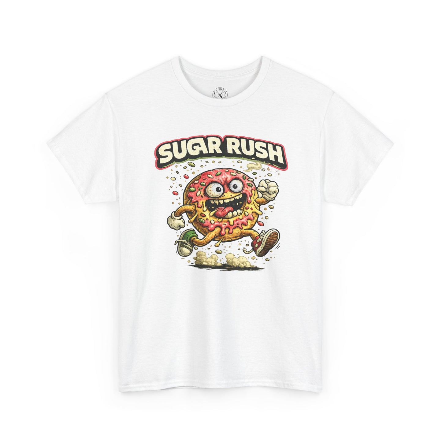 White t-shirt with a cartoon donut character and 'Sugar Rush' text on a white background