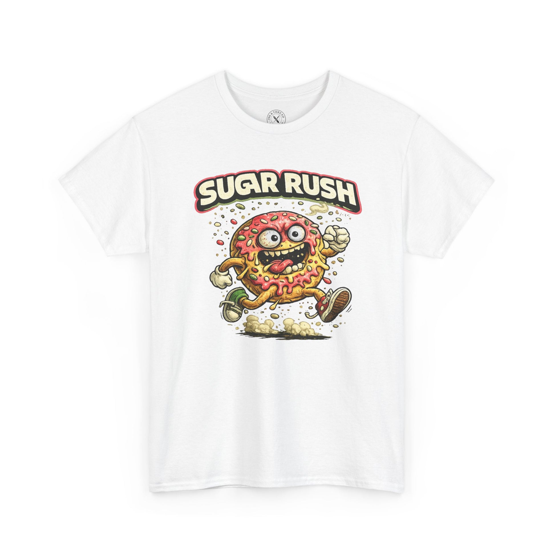 White t-shirt with a cartoon donut character and 'Sugar Rush' text on a white background