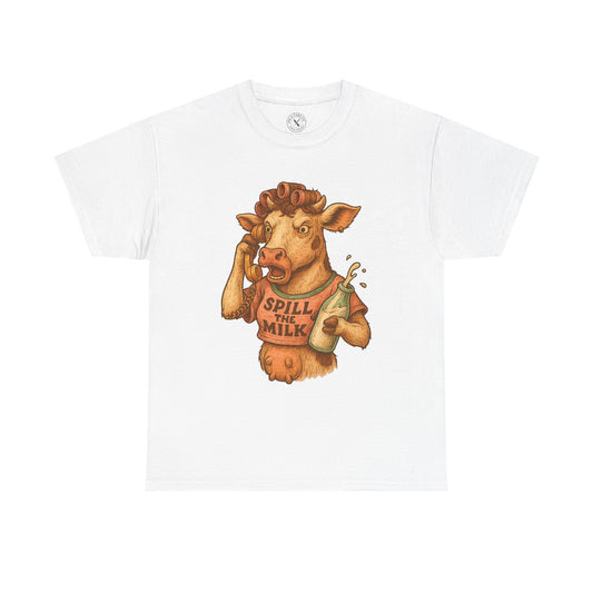 White t-shirt with a cow graphic holding a bottle labeled 'Spill the Milk' on a white background