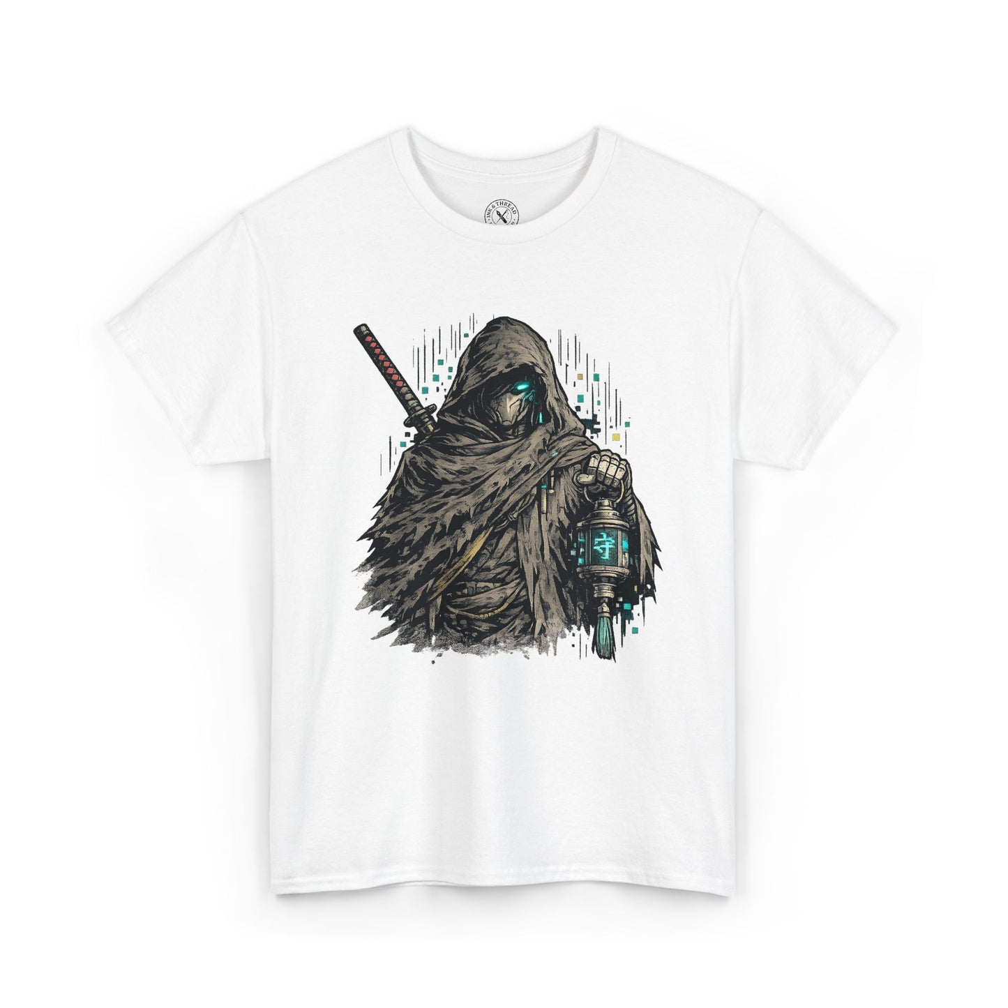 White t-shirt with a graphic design of a hooded figure holding a sword on a white background