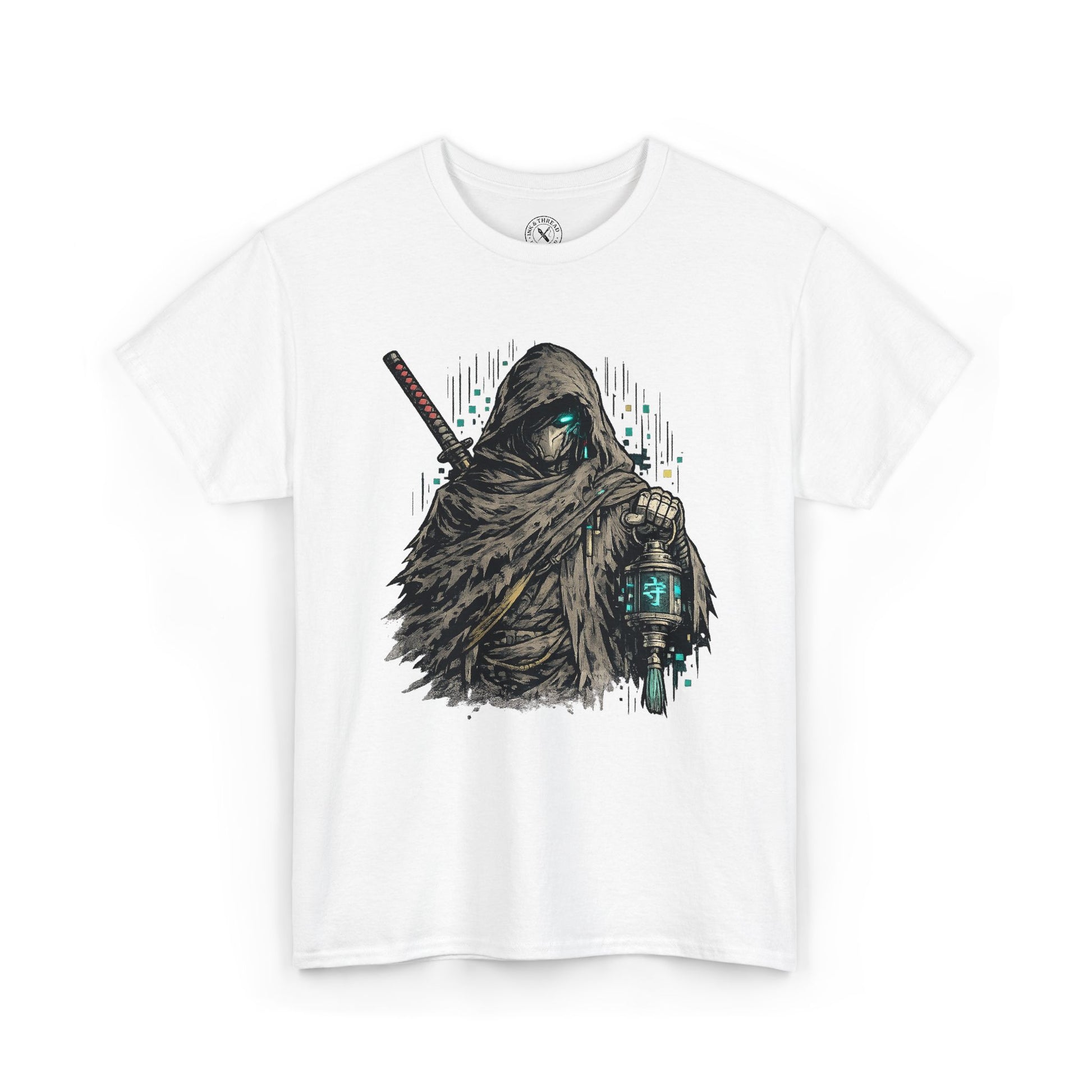 White t-shirt with a graphic design of a hooded figure holding a sword on a white background