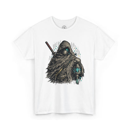 White t-shirt with a graphic design of a hooded figure holding a sword on a white background