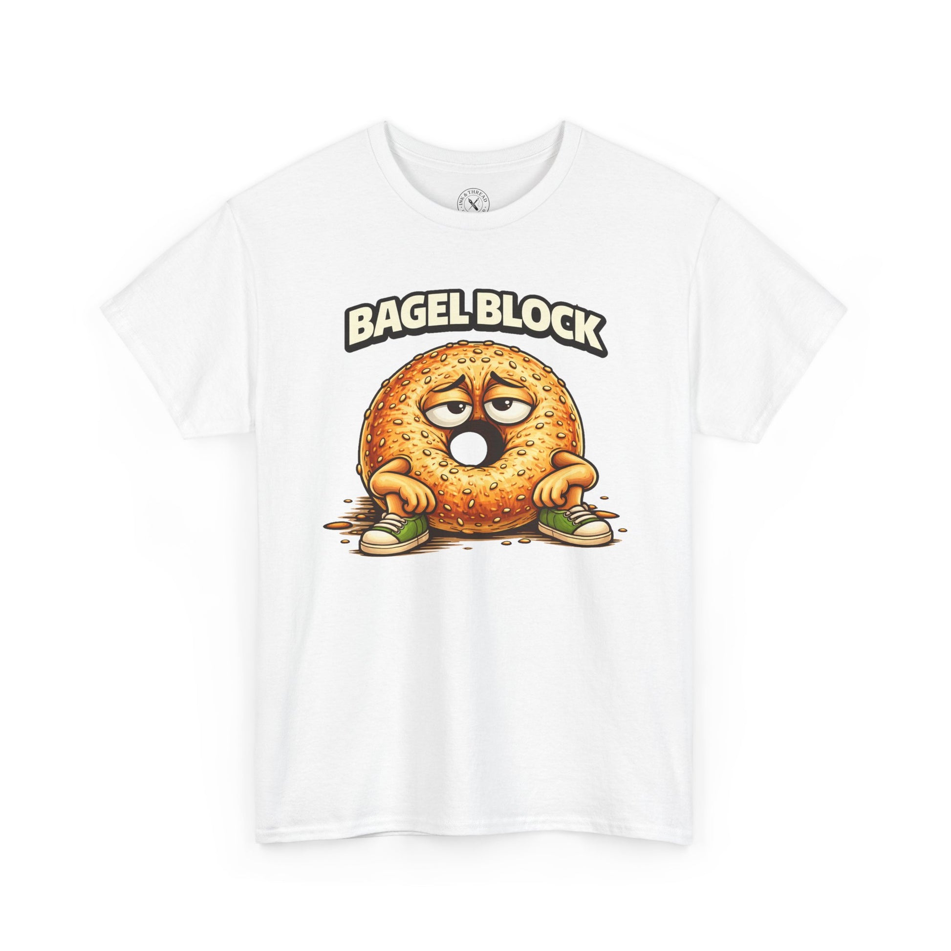 White t-shirt with a cartoon bagel character and 'Bagel Block' text on a white background