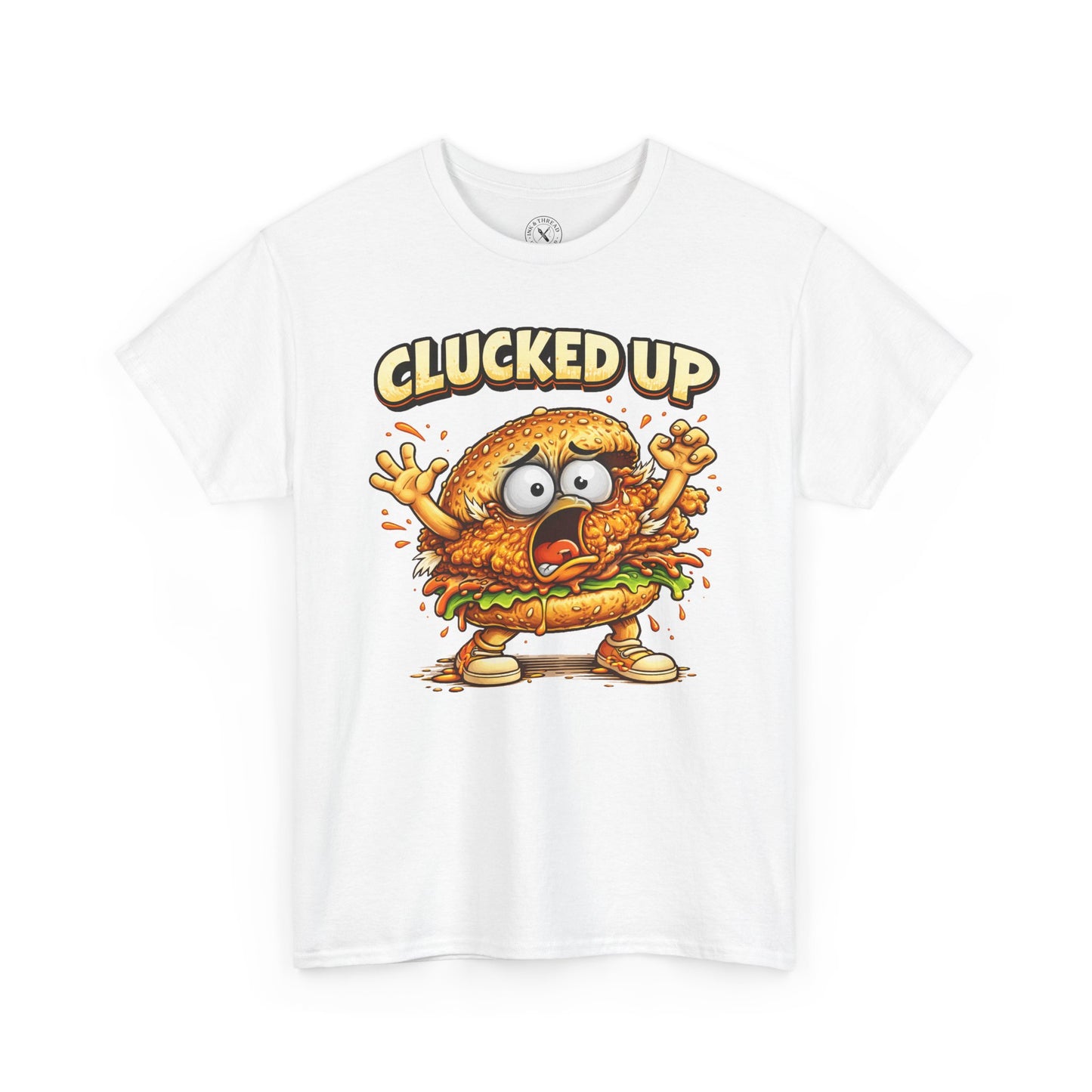 White t-shirt with a cartoon chicken graphic and 'Clucked Up' text on a white background