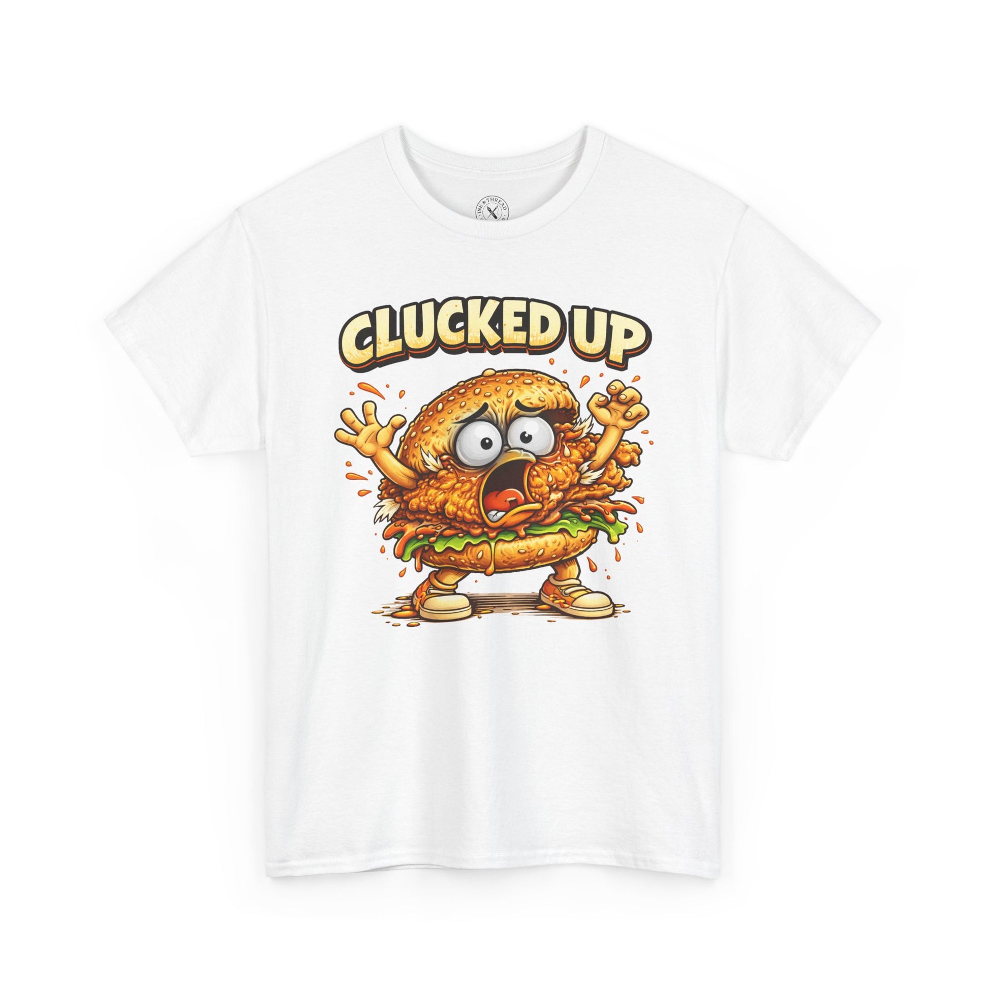 White t-shirt with a cartoon chicken graphic and 'Clucked Up' text on a white background