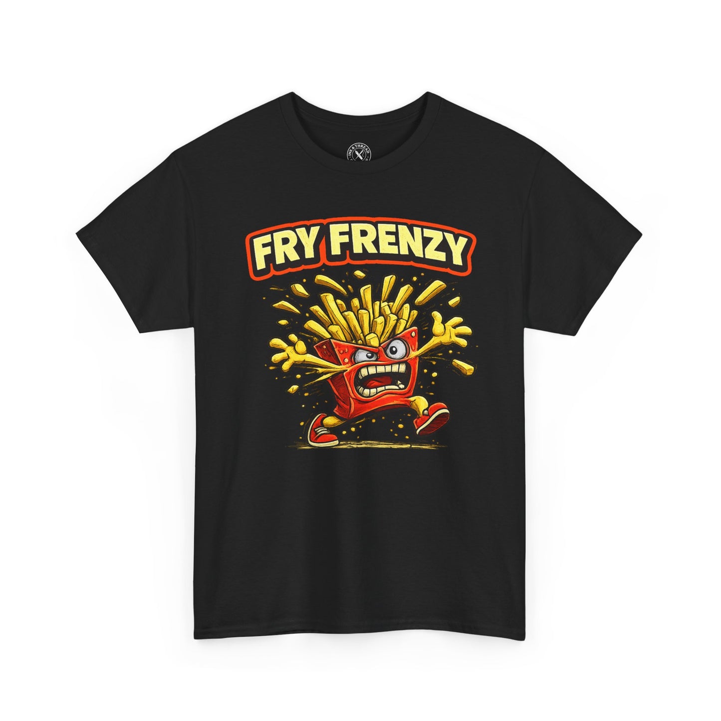 Black t-shirt with 'Fry Frenzy' graphic design featuring a cartoon character and text.