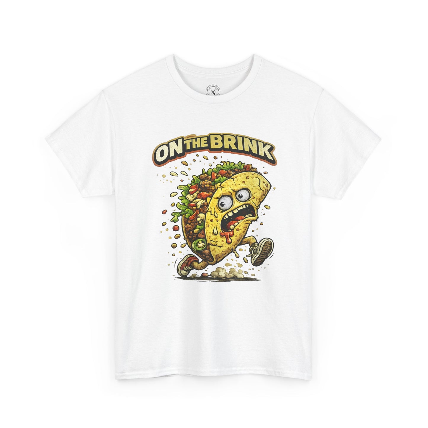 White t-shirt with a graphic of a running taco and 'On the Brink' text on a white background