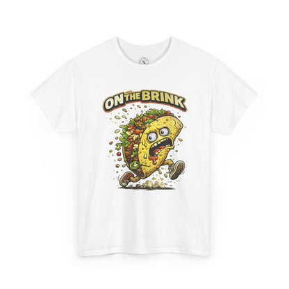 White t-shirt with a graphic of a running taco and 'On the Brink' text on a white background