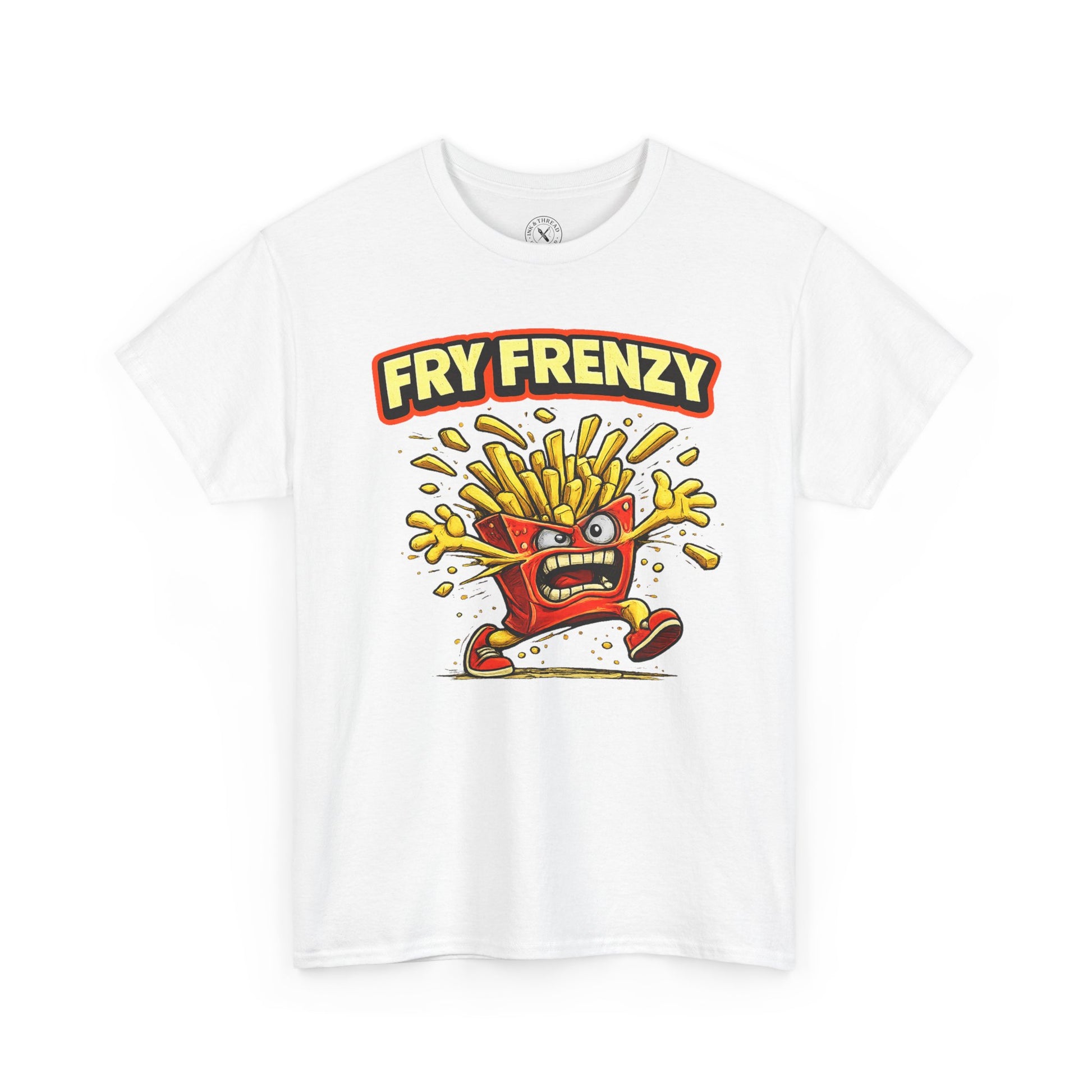 White t-shirt with 'Fry Frenzy' graphic design featuring a cartoon character with fries on a white background.