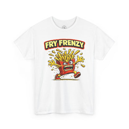 White t-shirt with 'Fry Frenzy' graphic design featuring a cartoon character with fries on a white background.