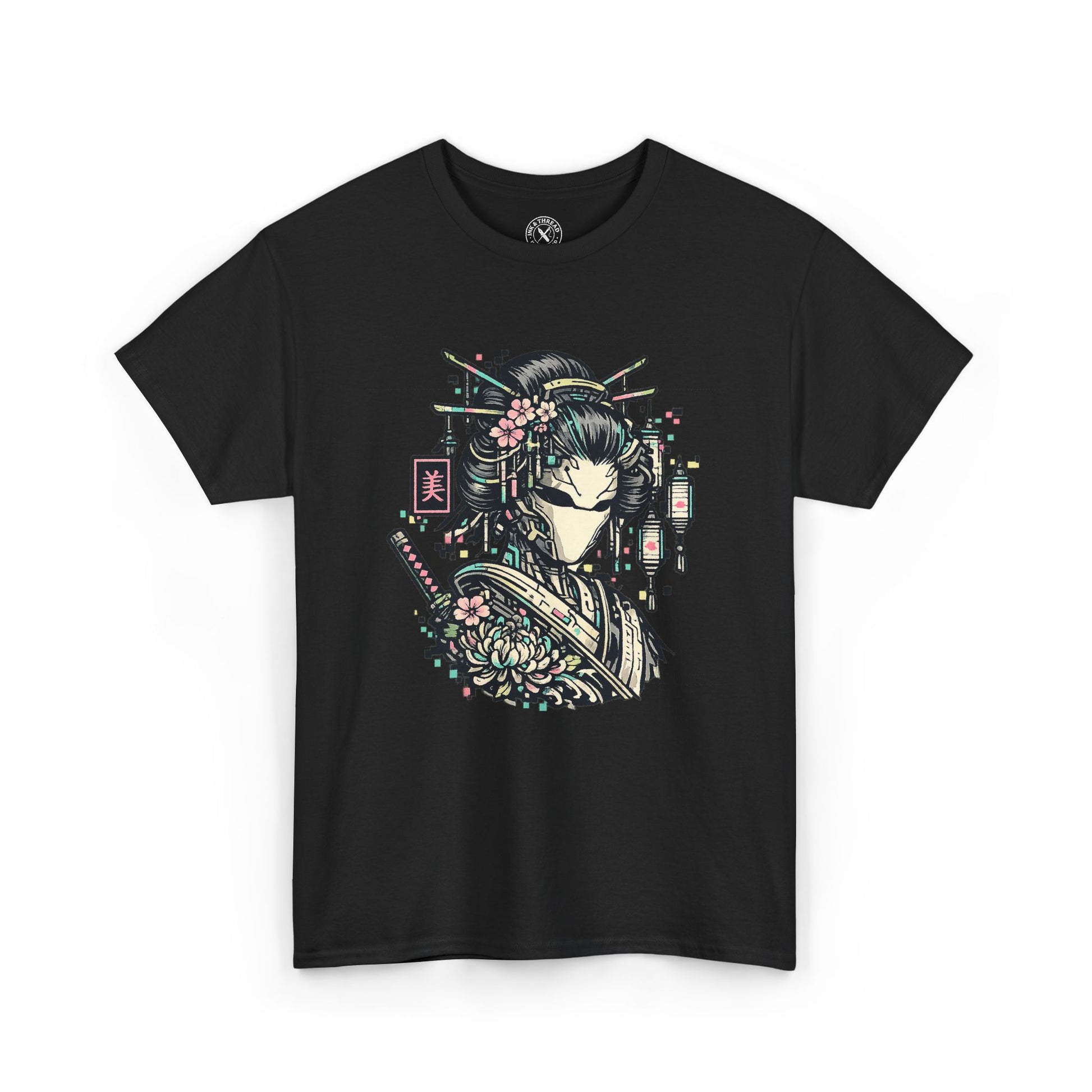 Black t-shirt with a colorful graphic design on a white background