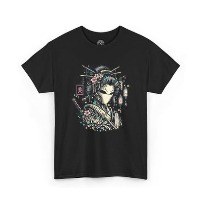 Black t-shirt with a colorful graphic design on a white background