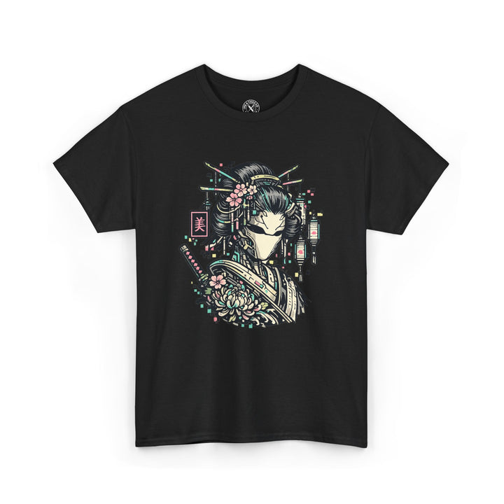Black t-shirt with a colorful graphic design on a white background