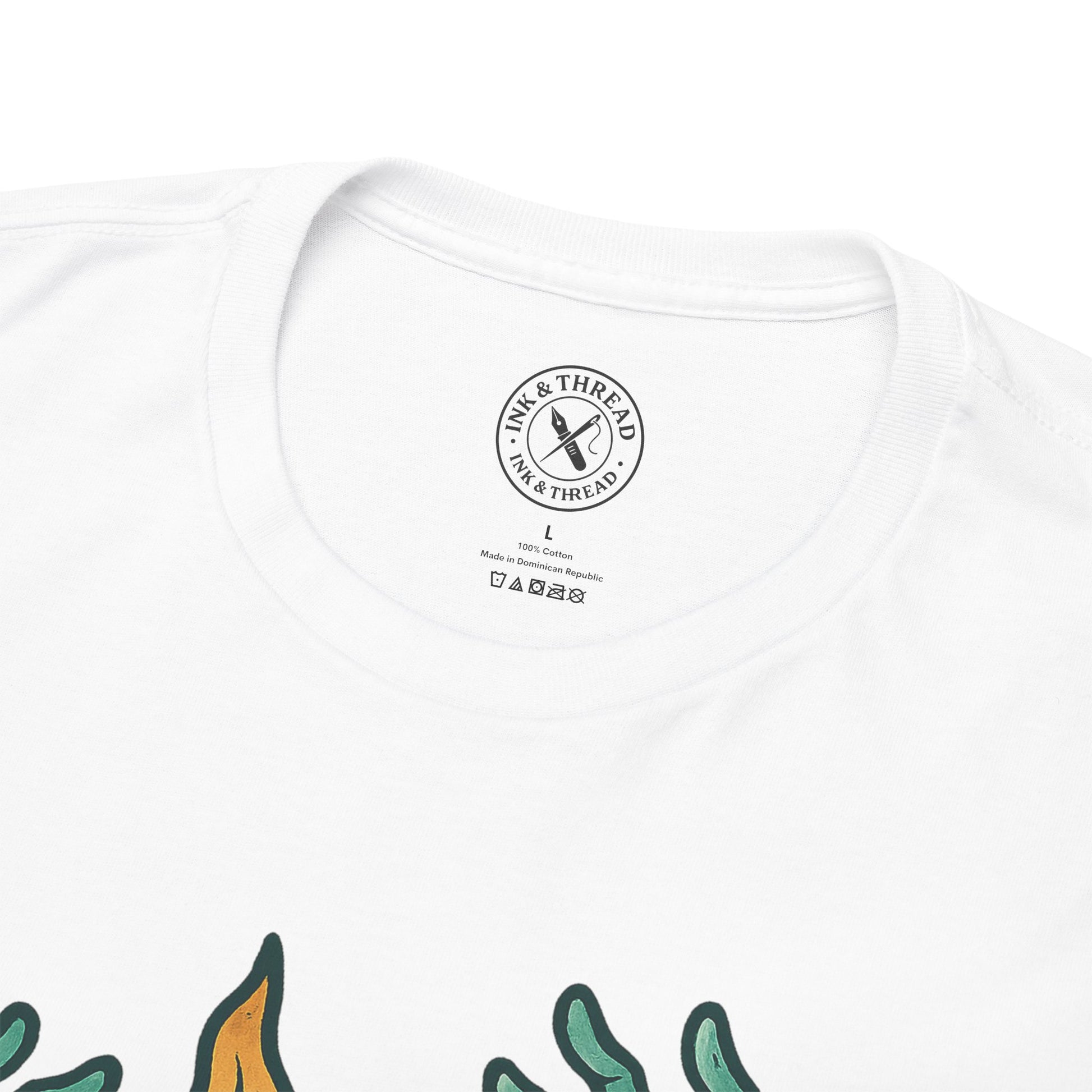 White t-shirt with a brand logo on the chest and colorful designs at the bottom.