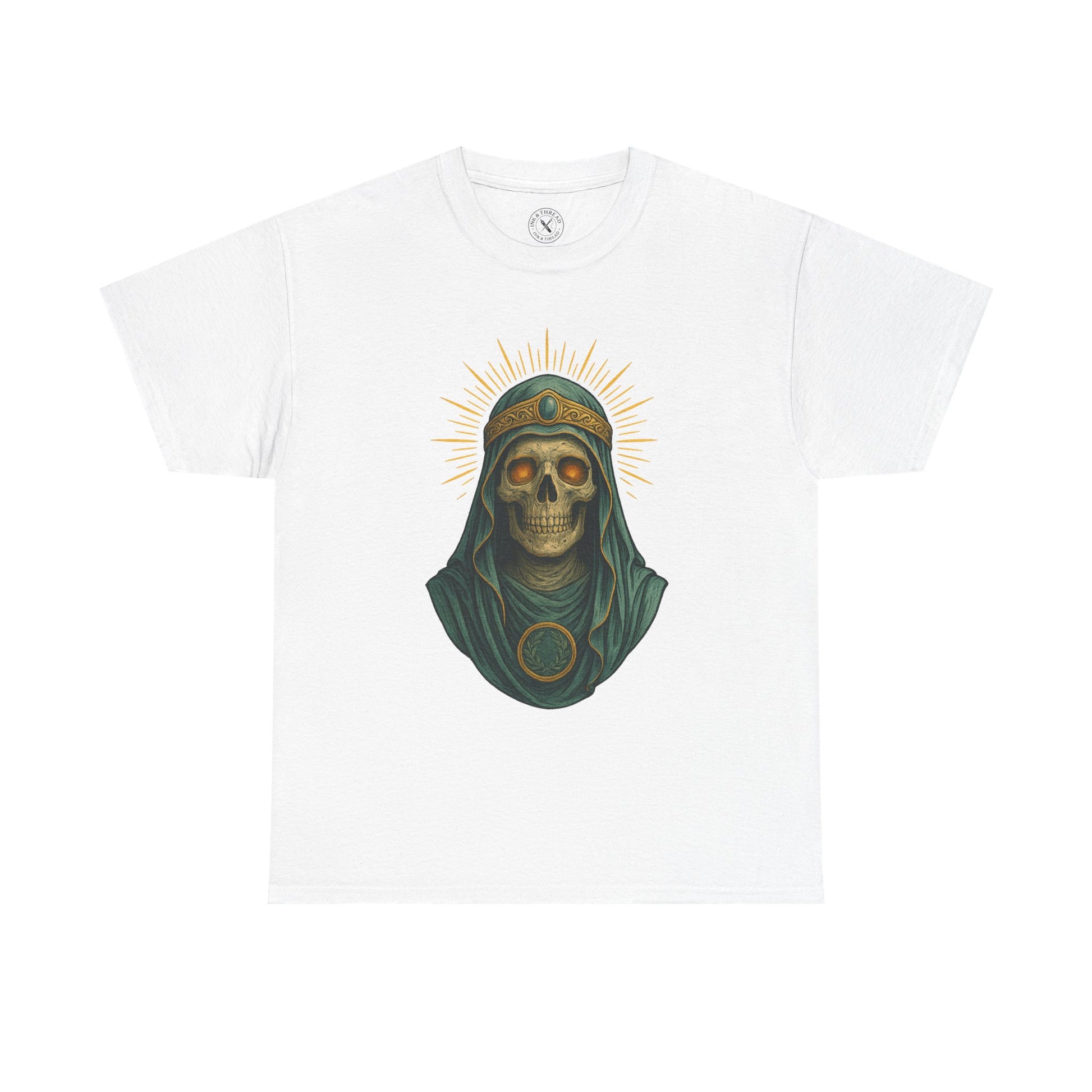 White t-shirt with a skull wearing a green headscarf and gold accents on a white background