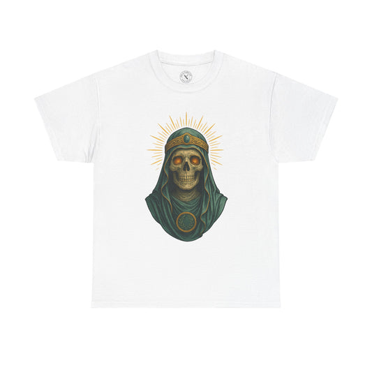 White t-shirt with a skull wearing a green headscarf and gold accents on a white background