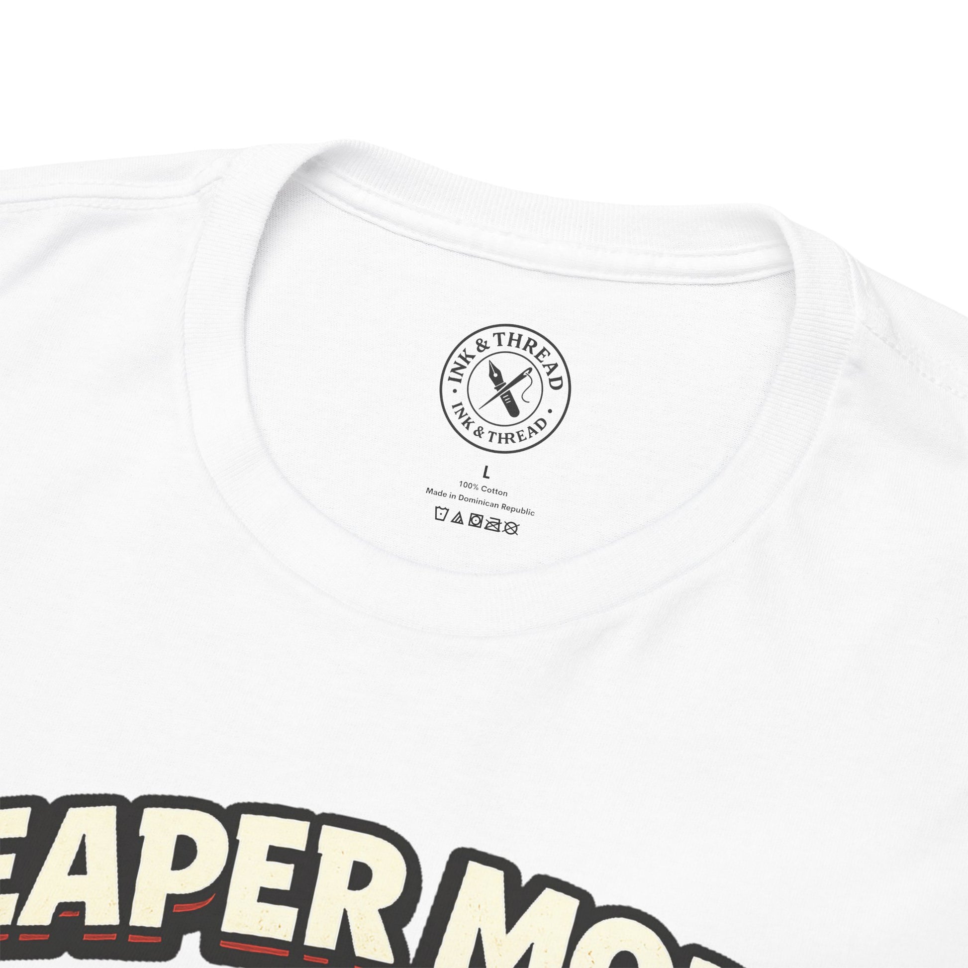 White t-shirt with a brand logo and text on a white background