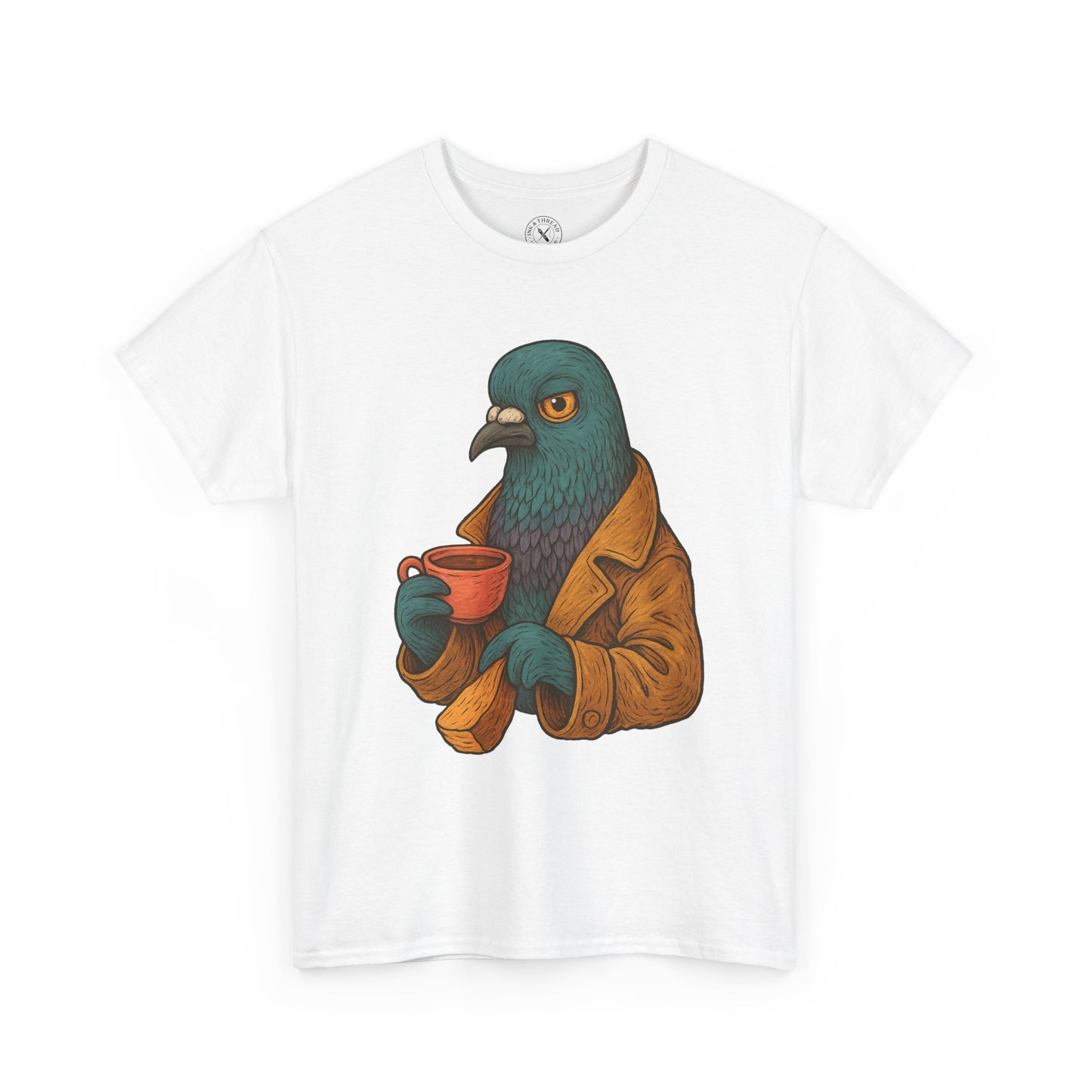 White t-shirt with a graphic of a pigeon wearing a coat and holding a cup on a white background