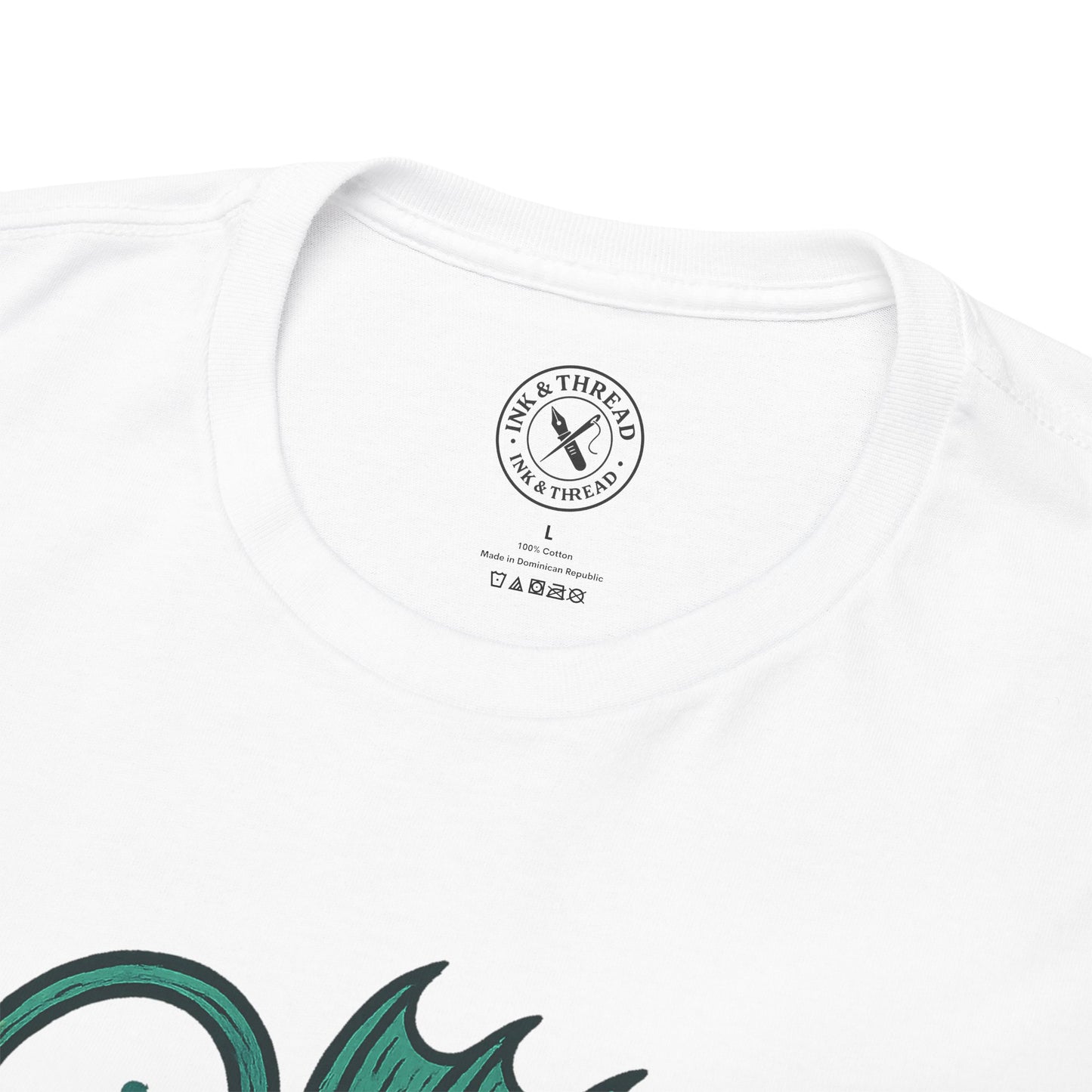 White t-shirt with a brand logo on the chest against a white background