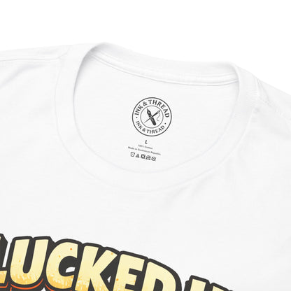 White t-shirt with 'Ink & Thread' logo and 'LUCKED' text on a white background