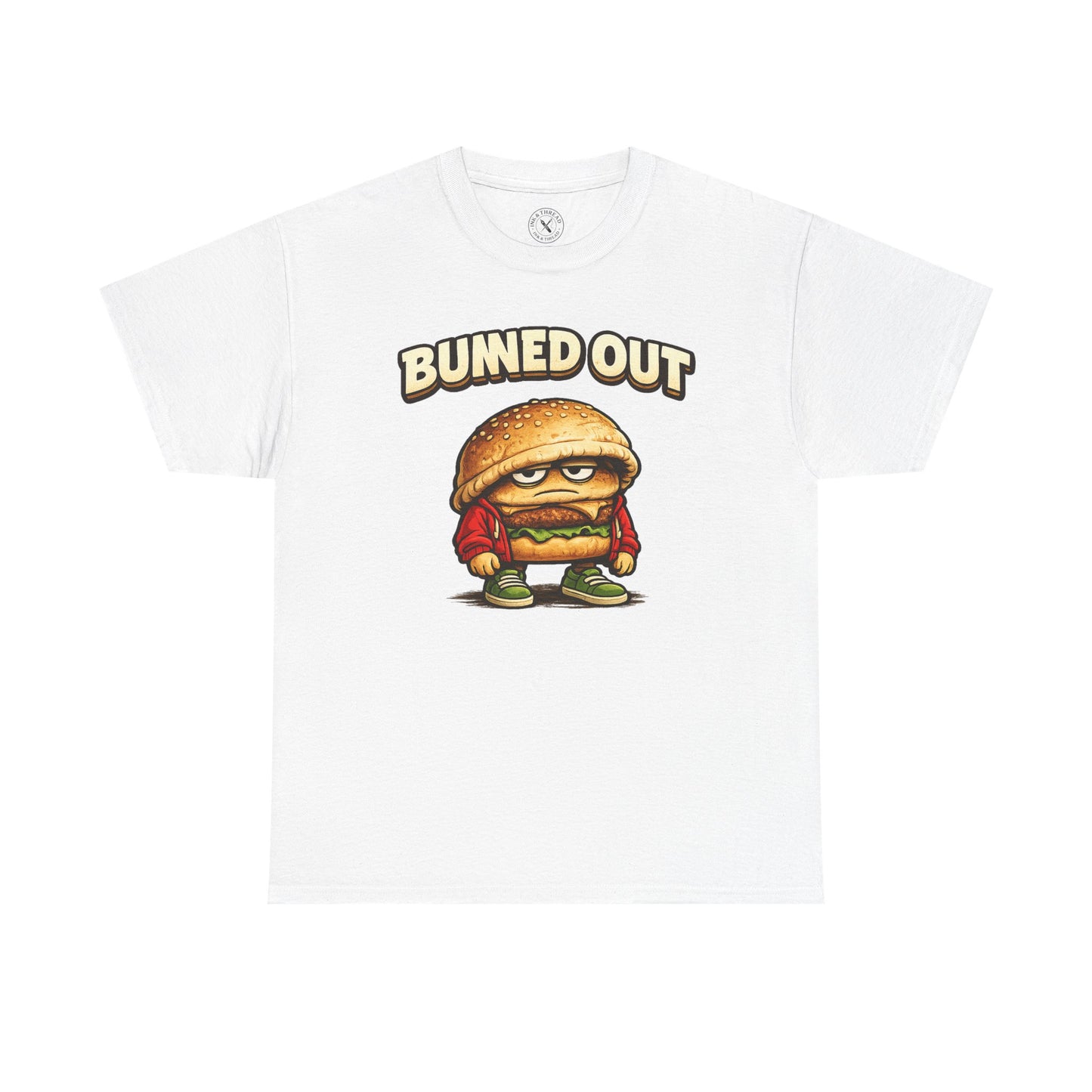 White t-shirt with a cartoon hamburger character and 'Buned Out' text on a white background