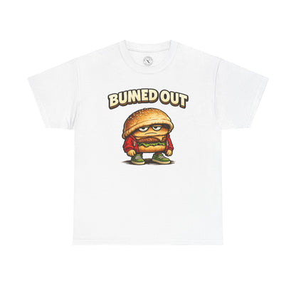 White t-shirt with a cartoon hamburger character and 'Buned Out' text on a white background