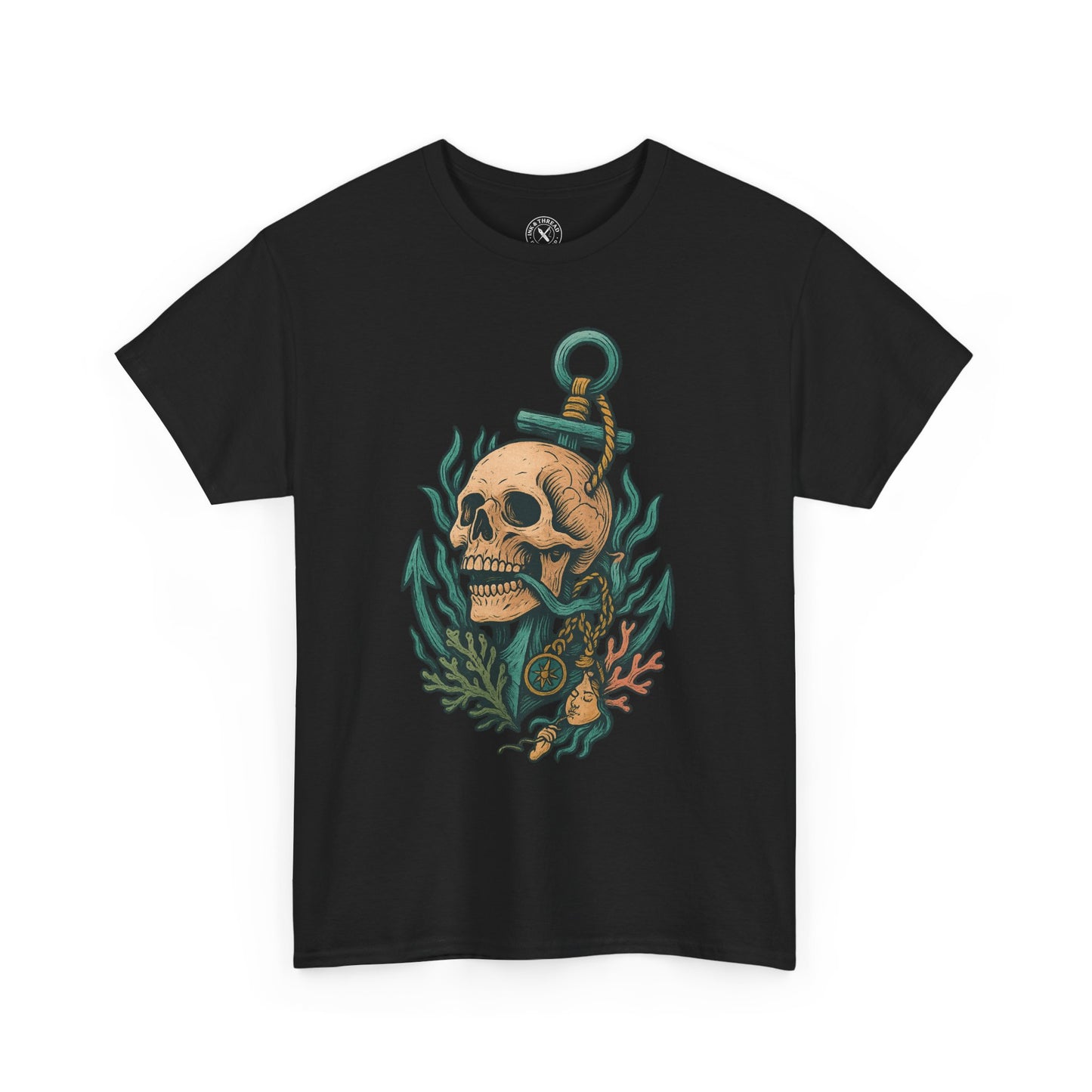 Black t-shirt with a skull and anchor design on a white background